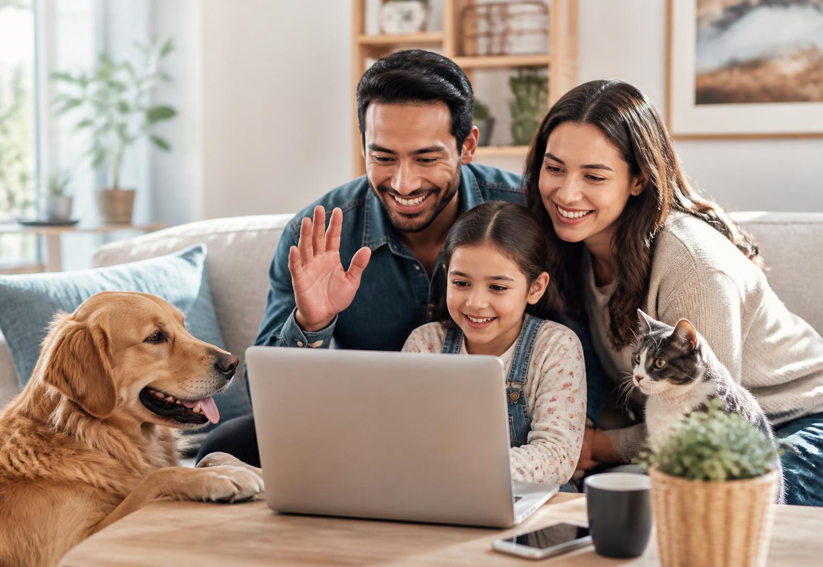 Familia en casa compartiendo con su perro y su gato mientras participa en una experiencia virtual